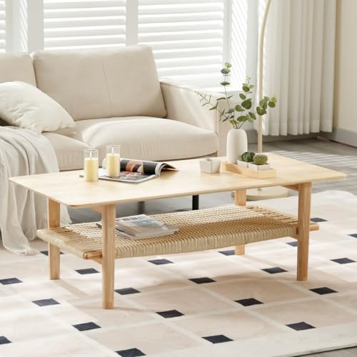Ya-Home Tavolino da Salotto con Ripiano Intrecciato Tavolino da Caffè Moderno a Doppio Strato in Legno Tavolino Basso da Divano Soggiorno/Camera da Letto/Ufficio, Legno Naturale