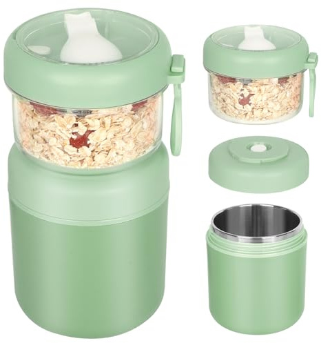 JASTOO Stor Rostfritt Stål Spannmålskop För Att Ta Med, Yoghurtkopp 530 ml + 330 ml Bärbar Läckagefri Spannmålskop Lunchlåda Yoghurt Sallad Ris Oatsome Box (Gröna)