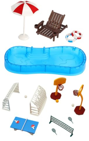 UKCOCO 2 Ensembles Piscine Miniature et Accessoires Plage pour Maison de Poupée Mobilier Piscine Fauteuils de Plage Parasol et Anneau de Natation Décoratif Polyvalent pour Jeu Créatif