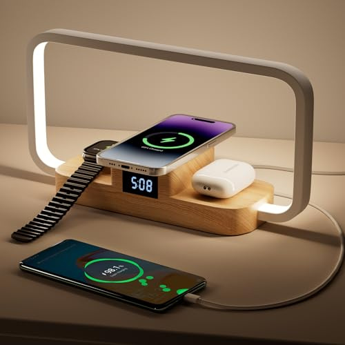 Hottoerak Bedside Lamp, Night Light with Wireless Charger, 3000K–6000K Color Temperature & 0–100% Brightness Adjustment, Touch Control Night Light with Clock Display for Bedroom