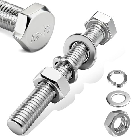 PDKKFF 20 Stück Sechskantschrauben M8x60mm, Edelstahl Schrauben A2 V2A | DIN 933 Sechskantkopfschrauben, M8 Maschinenschrauben mit Mutter Unterlegscheiben und Federringe für Möbel Autos DIY(Silber)