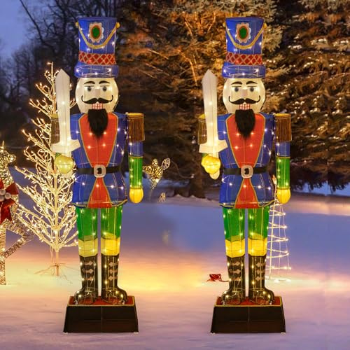 SOARS 2er Set Weihnachten Nussknacker Figur groß, Weihnachtsdeko aussen XXL, 184 cm hohe beleuchtete Weihnachtsfigur mit Schwert & LED-Lichtern, Weihnachtsbeleuchtung für außen und innen