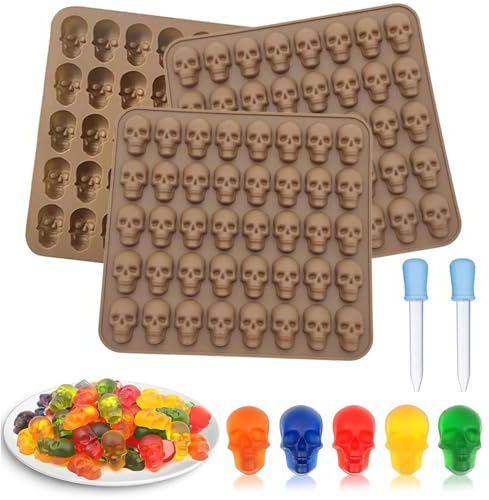JOYOLA 3PCS Halloween Skull Silicone Mould - Food Grade 40 Small Skulls, Gummy Mould,for Candy, Chocolate, Jelly, Cookie Baking - Reusable Non-Stick Kitchen DIY Candy Melts Wax