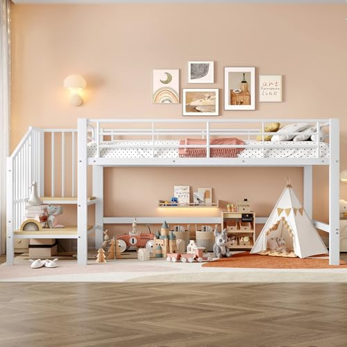 Oxtao Kinderbett Etagenbett 90x200cm, Halbhohes Hochbett mit Stauraumtreppe, unterbaubar zur Spielfläche, Metallbett mit Rausfallschutz, für Jungen & Mädchen, Ohne Matratze (Weiß, 90x200CM)