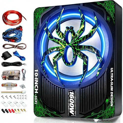 WDiYA Upgraded 1600W Car Subwoofer, 10 Ultra-Thin Under-Seat Sub with Built-in Amplifier, (LPF/Gain/Bass Boost) LED Ambient Lights, Independent Bass Knob, Distortion-Free Deep Bass（Green）