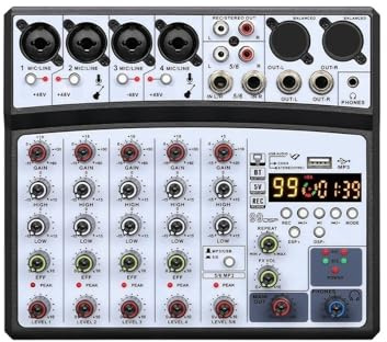 Mesa De Mezclas Dj Mezclador De Audio 6 Canales Con MP3, Tarjeta Sonido USB, Bluetooth Y Alimentación Phantom 48 V(White)