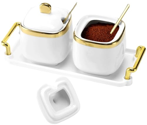 SWEWARM 2 Pcs Ceramic Sugar Bowl Set with Tray, 12 oz Spice Container, Salt Bowl with Lid and Spoon, Modern Seasoning Storage Jar for Home and Kitchen, Coffee Bar