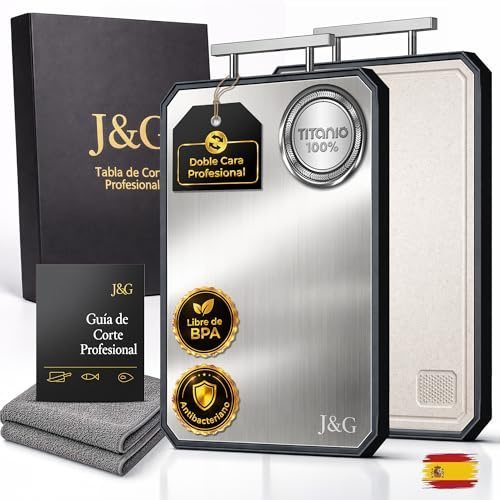 J&G Tabla de Cortar de Titanio 100% Puro y Fibra de Trigo, (39,3 x 28,2 cm), Antibacteriana Profesional, Set con Guía de Corte y Bayeta Microfibra, Doble Cara, Libre de BPA, Certificación LFGB y SGS