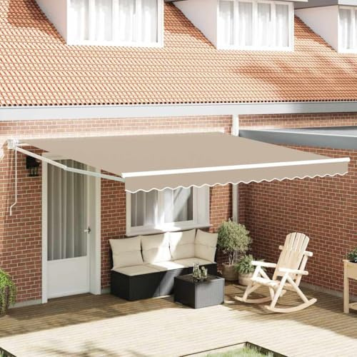 Moderno tendone pieghevole per terrazzo, colore beige, 400 x 300 cm, in poliestere e alluminio, dotato di telecomando per una facile regolazione dell'ombra.