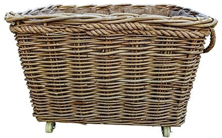 Red Hamper Extra Large Rope Handle Wicker Log Basket on Wheels, Brown, 44 x 72 x 57 cm