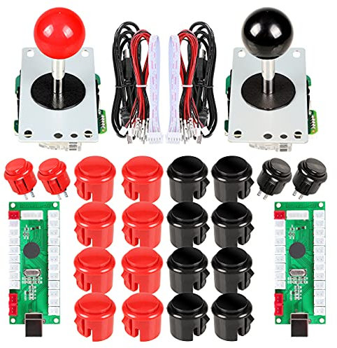 EG STARTS 2 Pièces de Kit de Jeu d'Arcade USB Pc Joystick pour Mame Jeu DIY USB Encoder + 2x 5Pin 8 Way Stick + 20 Boutons Push Rouge + Noir Kits Support Windows Système et Raspberry pi