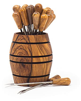 Barril de madera olivo con 24 pinchos para comer caracoles o aperitivos fabricado artesanalmente