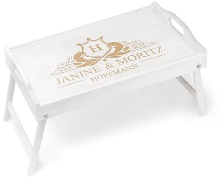 Maverton Frühstückstablett mit Gravur - für Zwei - Betttisch mit Griffen - klappbare Beine - Weiß - Geschenk für Paare - Einzugsgeschenk - Hochzeitsgeschenk - Wappen