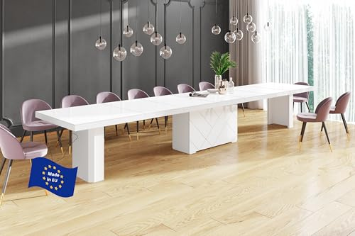 designimpex Design Esstisch HEK-111 Weiß Hochglanz ausziehbar XXL 180 cm bis 468 cm Esszimmertisch für 16 Personen Kitchentable Funktionstisch Ausziehtisch Esszimmer Tisch Esszimmermöbel