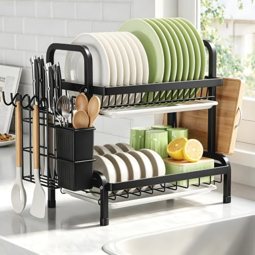 niffgaff 2 Tier Black Dish Drainer Rack, Stainless Steel Drying Rack Kitchen, Drainers Draining Board with Drip Tray, Rust Proof Large Washing Up Sink