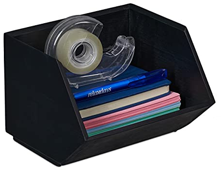 Relaxdays Schreibtischorganizer, 1 Fach, Bambusbox stapelbar, anthrazit | multifunktional, HBT: ca. 12,5 x 17,5 x 15,5 cm