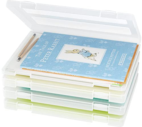 iBune 4-Pack A4 Plastic Paper Organizer Box, Scrapbook Storage for 8.5” x 11” Letter Papers, Portable Document Holder, Photo Storage Box Sticker Art Supplies Organizers, 12.2” x 8.9” x 0.7” Inner Size