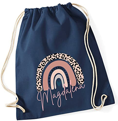 Turnbeutel mit Namen Leo-Print | Motiv Regenbogen in rosa | Stoffbeutel zum Zuziehen als Rucksack für Mädchen