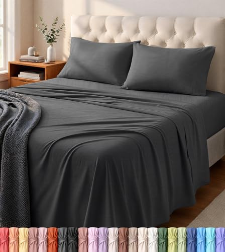Utopia Bedding komplett set med lakan, jersey stickade lakan, 4 delar, bomull, mjukt, stretchigt lakan i t-shirt-kvalitet, hed-mörkgrå