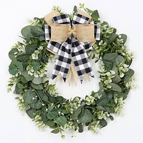 Dremisland Eukalyptus-Kränze für Haustür 41 cm Handgefertigt Grüne Blätter Kranz mit Karierter Schleife Grüner Blumenkranz Türkranz-Dekoration Ganzjahreskranz für Veranda Bauernhaus Garten Deko