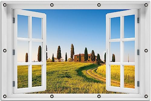 Wallario Outdoor-Poster für Garten oder Balkon Villa in der Toskana, Motivbanner Größe: ca. 80 x 120 cm Fenster-Illusion