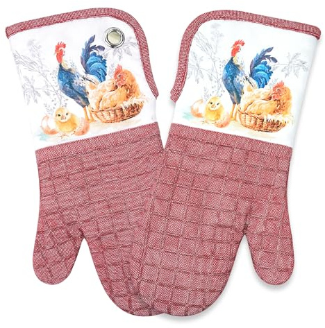 Silicone Printing Oven Mitts Heat Resistant to 500 Degree,Yarm-Dyed Oven Gloves with Animal Design Non-Slip for Kitchen Cooking Barbecue Baking and Machine Washable.(Red Oven Mitts)