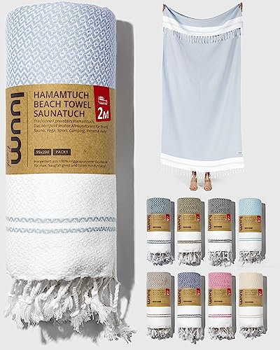 Luum® Saunahandtuch Strandtuch groß 100x200 Hamamtuch Badetuch Handtuch Yogatuch Duschtuch Strandhandtuch Saunatuch Reisehandtuch Turkish Towels, Damen Herren, 100% Baumwolle, Hellblau