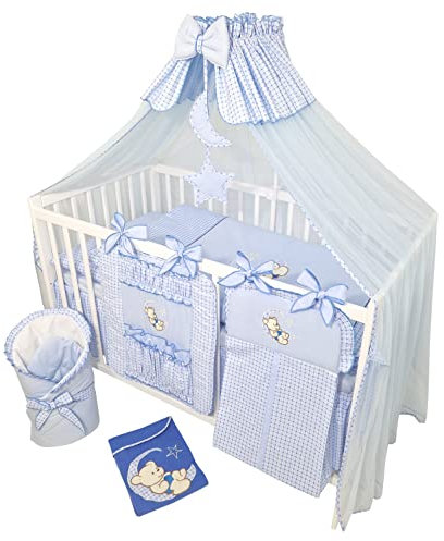 Bello24 - 16 Teiliges Babybett Kinderbett und Bettwäsche komplett Set Timmi inkl. Matratze höhenverstellbar für Neugeborene Babys und Kleinkinder aus Massivholz (Teddybär Mond - Blau)