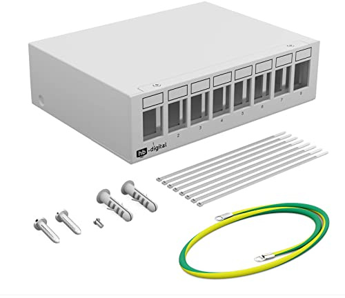 HB-DIGITAL 8-Port Patchpanel Gehäuse für Keystone Module mit z.B. RJ45 Buchse RJ11 Socket Antennenstecker F-Verbinder USB-C USB-A BF/AF HDMI Polklemme Gewindebuchse BNZ - Hellgrau