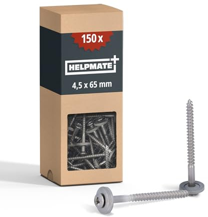 HELPMATE Tornillos de fontanería 4,5 x 65 mm, 150 unidades, DIN 7995, acero inoxidable A2, PZ2, DIN 7995, tornillos para techador, cabeza alomada, con arandela de disco y arandela de sellado EPDM,
