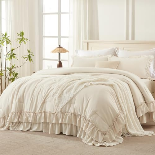 Andency Beige Full Size Comforter Set, 3 Pieces Farmhouse Shabby Chic Ruffle Comforter, Soft Lightweight Fluffy All Season Polyester Bedding Comforter Set for Kids, Girls, Women