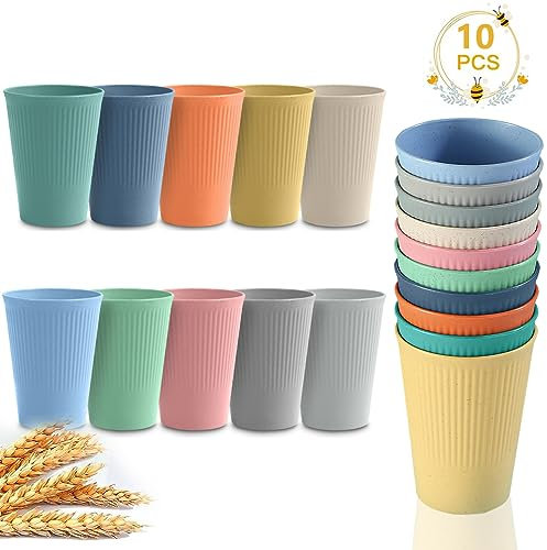 10 Colour Unbreakable Plastic Drinking Cups 350ml Reusable Tumblers Coffee Mug 10 Pack Stackable Beaker for Adults Kids Party Picnic BBQ Camping Cold Hot Drinks Microwave Dishwasher Fridge Safe