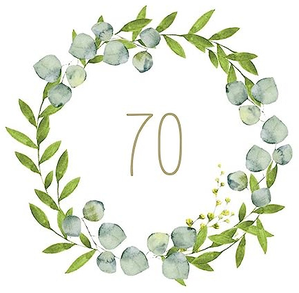 Lot de 70 serviettes de table Botanical Eucalyptus pour anniversaire 70 ans, avec feuilles de vigne blanches, vertes, dorées, décoration de table d'anniversaire, de mariage et d'anniversaire - 40