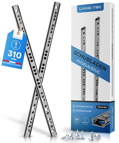 LIVING TEC® Schubladenschienen 310mm x 17mm Nut - 1Paar Gleitschiene inkl. Montageschrauben - Schubladenauszug - Schubladenauszüge - Auszugsschienen - Schienen für Schubladen Schienensystem - Auszüge
