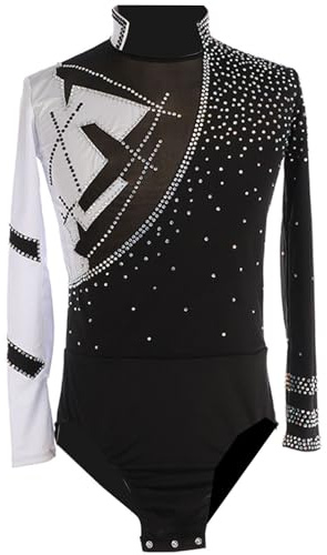 CuLtp Camiseta Patinaje ArtíStico para Hombre, Mosaico Terciopelo Moda Falsa Dos Piezas, Mono Manga Larga Gimnasia Ritmica Traje Danza