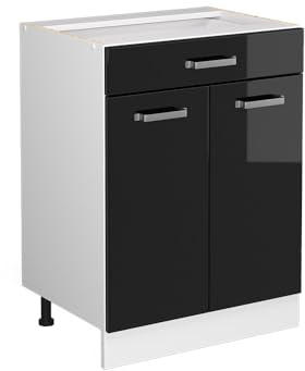 Vicco Küchenunterschrank R-Line, Schwarz Hochglanz, 60 cm | 1 Schublade · Ohne Arbeitsplatte · Höhenverstellbare Füße · 2 Türen · ✓ Leichter Zugriff
