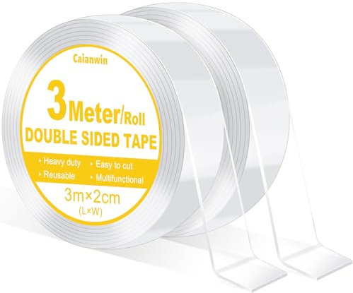 Caianwin Cinta adhesiva de doble cara de 6 m, ancho de 2 cm, extrafuerte, cinta adhesiva transparente de doble cara, extraíble, cinta adhesiva de doble cara para alfombras, hogar, coche o exterior (2