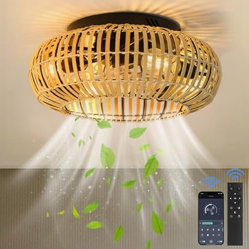 20in Deckenleuchte mit Ventilator und Fernbedienung, Retro Deckenventilator mit Licht, Bambusstreifen Geflochtenes Seil Fan Deckenlampe,6-Gang Lampe mit Ventilator für Wohnzimmer Schlafzimmer