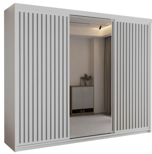 MN Furniture Roni Wide Wardrobe with Hanging Rails, Shelves and Drawers, Freestanding Closet Cabinet and Wardrobe with Sliding Mirror Doors for Bedroom (White, 250cm)