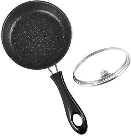 Ruspela Non Stick Mini Pan with Lid for One Egg, Small Frying Pan 12cm Deep Frying Pan Skillet Maifan Stone Coating Cookware Omelette Kitchen Cooker Black