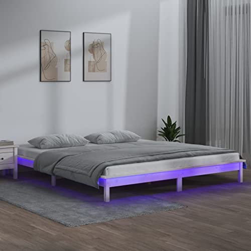 AJSEOYBS Bettrahmen,Bettlattenrost,Plattformbett,Massivholzbett mit LED-Beleuchtung Weiß 120x200 cmGeräuschlos,Geeignet für Schlafzimmer Leicht zu installieren
