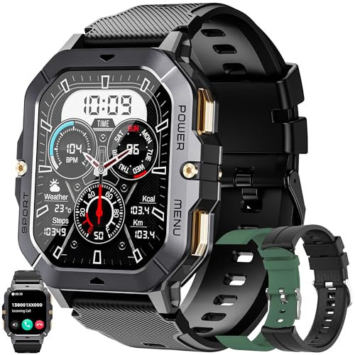 Smartwatch Herren mit Telefonfunktion, 2,02” AMOLED 5ATM Smart Watch Armbanduhr 100+ Sportmodi Aktivitätstracker mit Blutdruck Schlafmonitor Fitness Tracker für IOS Android, 3 Uhrenarmbänder (Schwarz)