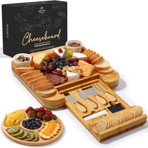 Zulay Kitchen Premium Bamboo Charcuterie Board - Extra Thick Bamboo Board with 4 Piece Knife Set - Perfect for Charcuterie, Wine and Cheese