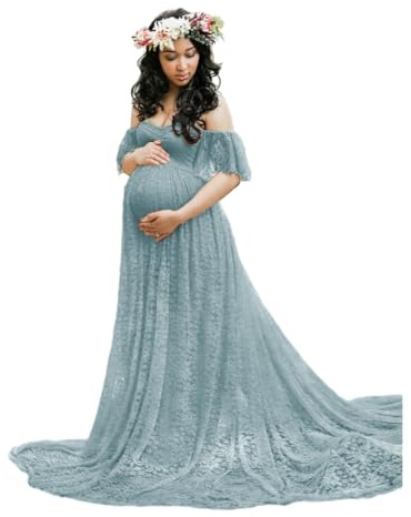 Nogkdyc Mammaklänningar moderskapsklänning spets svans kortärmad klänning lång klänning moderskap fotografi klänning moderskap fotografi elegant klänning