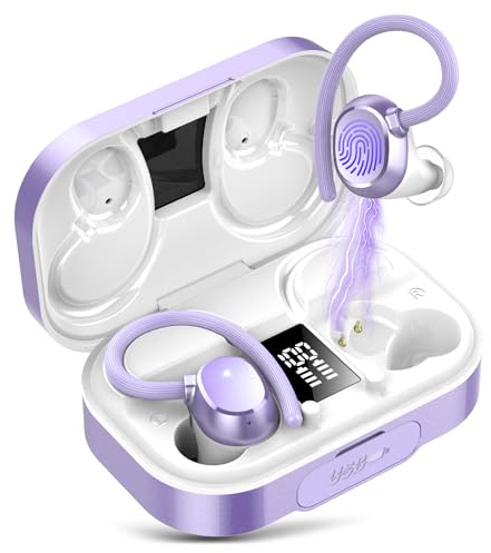 KT1 Bluetooth Kopfhörer Sport, Kopfhörer Kabellos Bluetooth 5.3, In Ear Kopfhörer mit 4 ENC Klarer Mic,120 Std Kabellose Kopfhörer mit Tiefer Bass, IPX7 wasserdichte Ohrhörer mit Ohrhaken (lila)