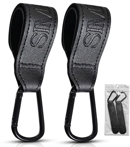 Simexo 2-Pack Premium Heavy Duty Pram Hooks with Leather Strap – Universal Buggy Clips with Carabiner Clip for Strollers & wheelchairs, Holds Up to 7kg (15 lbs) Per Hook