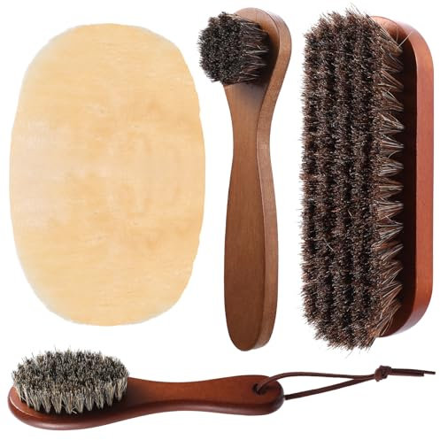 BieMian 4 Pcs Horsehair Shoe Brush Set, Soft Bristles Shoe Shine Kit, Shoe Cleaning Brushes Polish Brushes for Boots Car Sofas Leather Cleaning Buffing Dauber Applicators, Inclu Polishing Glove