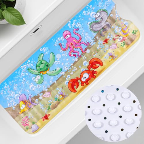 Dazhtu Baby Bath Mats Non Slip Anti Mould 100x40cm Bathtub Mats Extra Long Bath Shower Tub Mat with Suction Cup and Drain Holes,Sea Turtle Cartoon Kids Bath Mat,Machine Washable,for Bathroom Floor