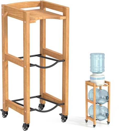 Soporte para jarra de agua de 3 niveles de 5 galones con estante superior, 4 ruedas de metal o patas ajustables, dispensador de agua de madera natural, organizador de madera para cocina, oficina