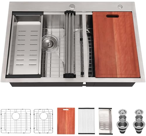 UFaucet 60/40 Double Bowl Kitchen Sink, 33x22 Inch Drop In Kitchen Sink, 33 Inch Ledge Workstation 16 Gauge Stainless Steel Topmount Double Basin with Cutting Board
